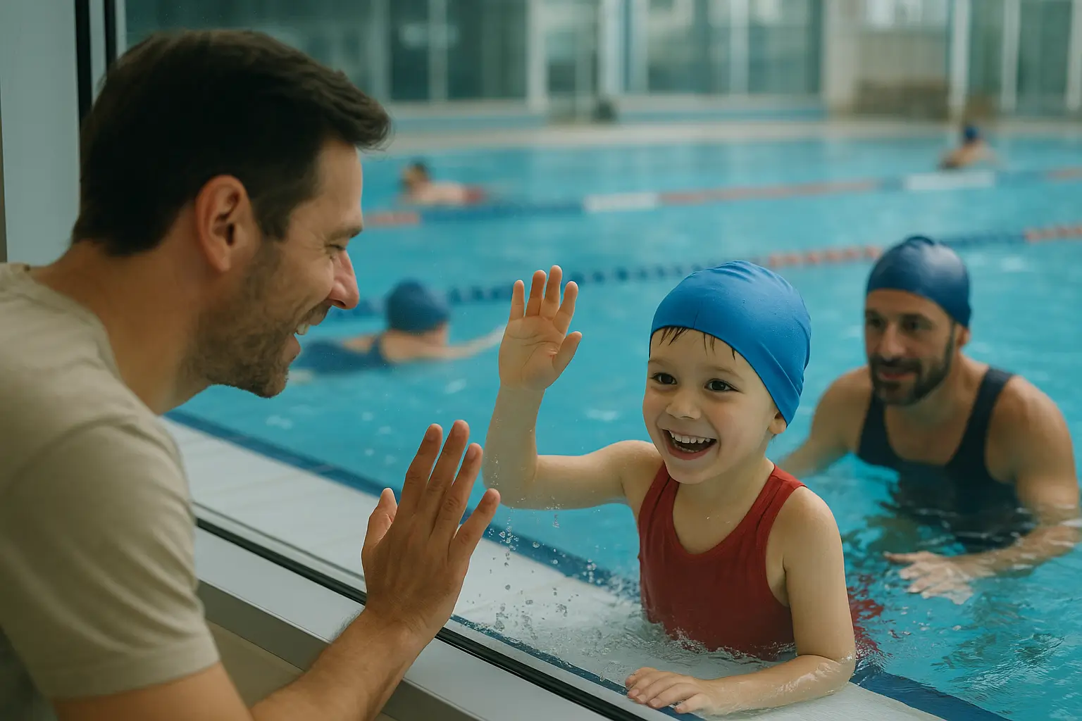 Тактильная и вестибулярная интеграция в воде: как плавание помогает детям с трудностями сенсорного восприятия родитель смотрит на ребёнка на занятии по плаванию