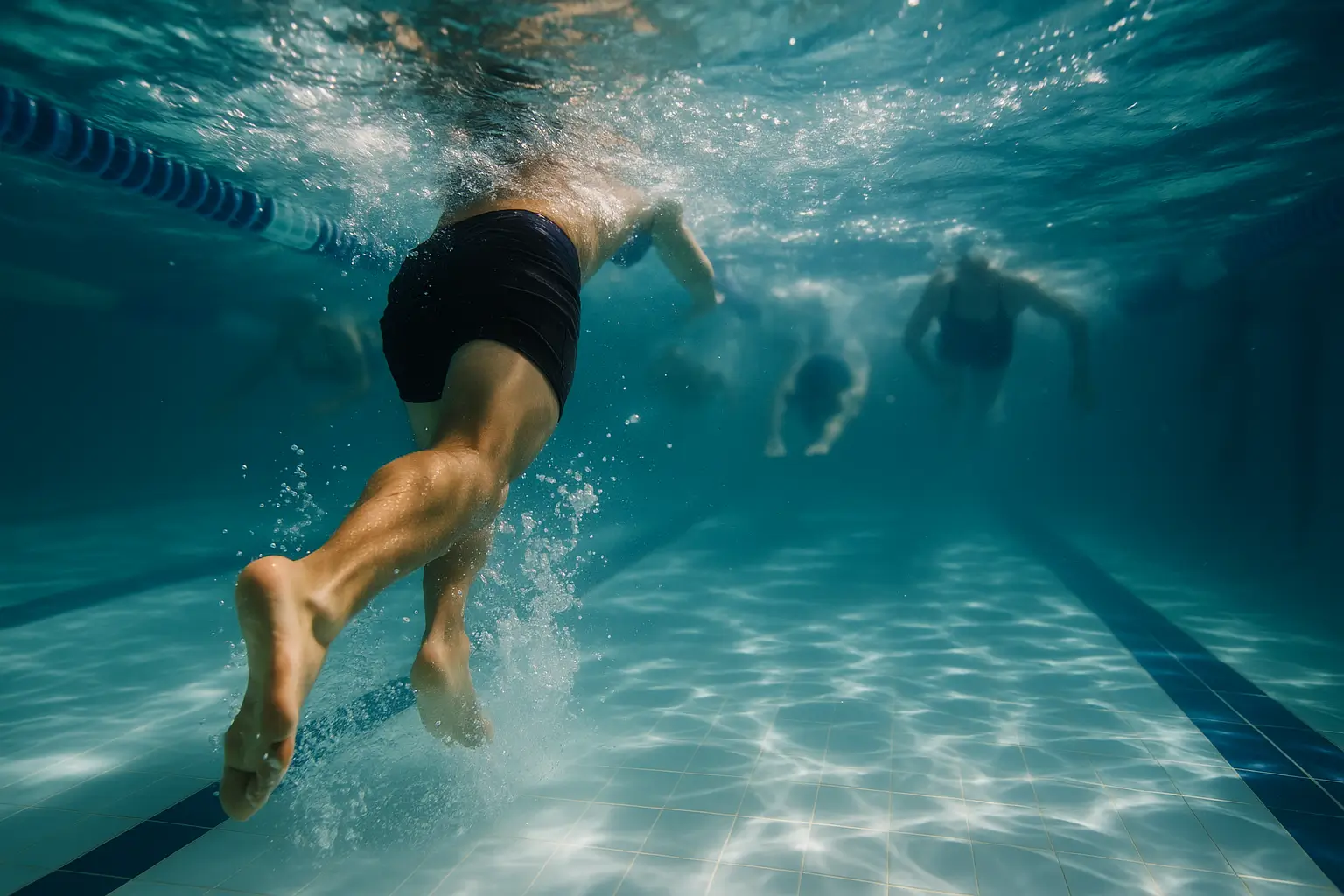 вид из-под воды на движение ног и свет